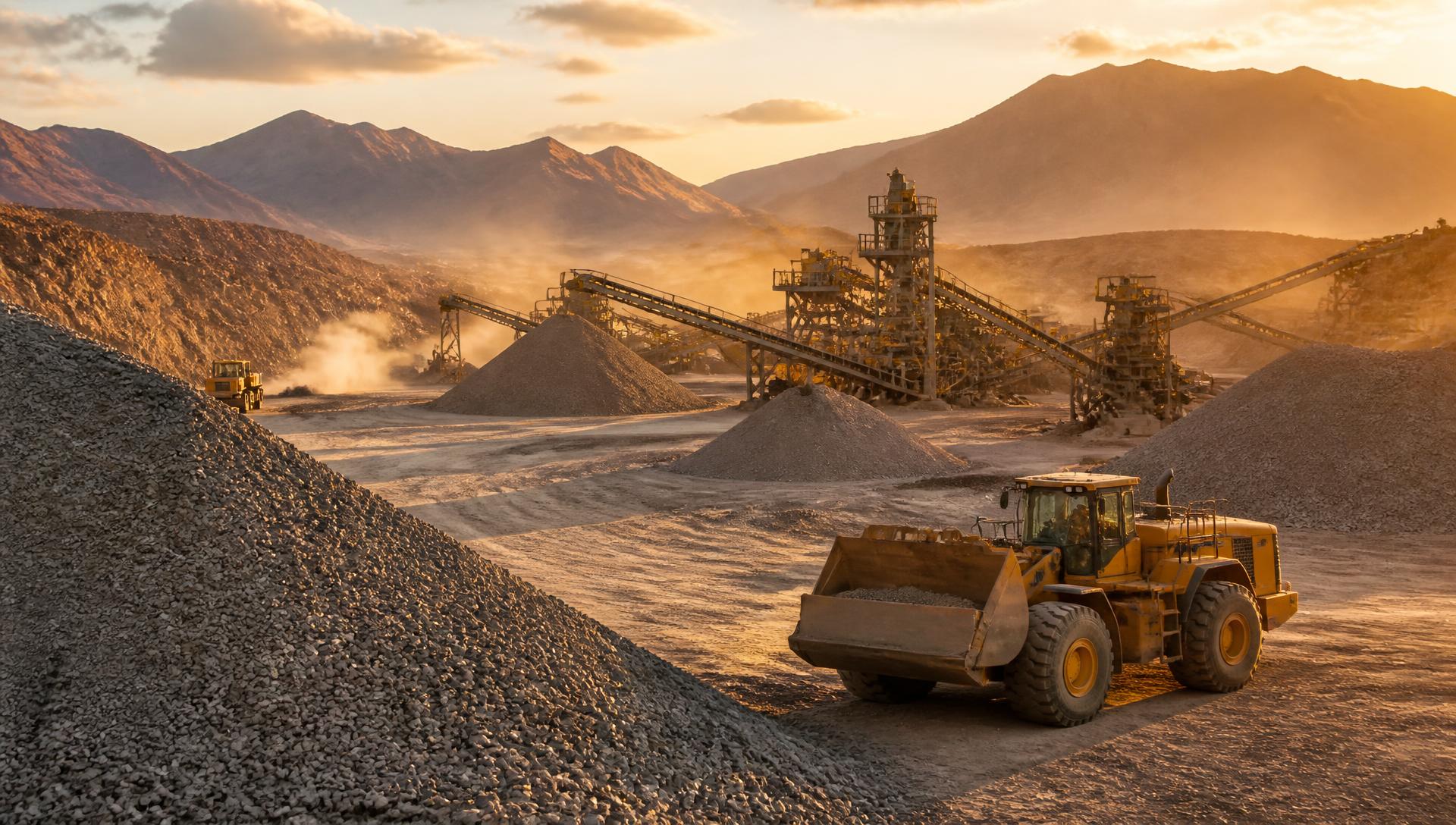 Crushed rock stockpiles, conveyors, and a wheel loader at a Nevada aggregate mine at sunrise